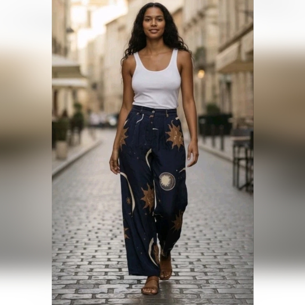 Dior Navy Blue Celestial Print Wide-Leg Pants